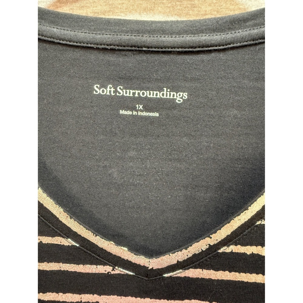 Soft Surroundings Striped Top Womens 1X Black Silver Metallic V-Neck Party Goth - Picture 3 of 9